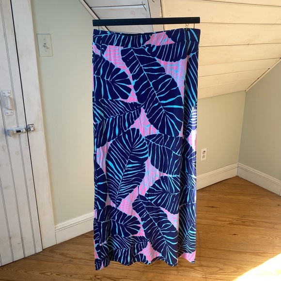 Lilly Pulitzer Maxi Skirt Size Large Under the Palms Print Navy Blue Pink - Picture 9 of 15